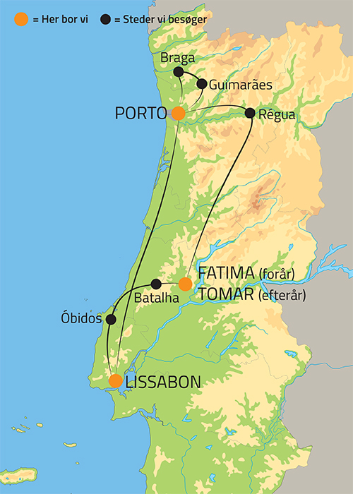 Kort over rejsen til Portugal